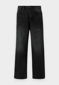 Črne jeans hlače iz jeansa z ohlapnim krojem, z dekorativnimi toniranimi šivi in klasičnim zapiranjem na gumb. Široke nogavice s petimi žepi.