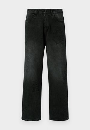 Svarta denimjeans med avslappnad passform, med dekorativ ton-i-ton-sömnad och klassisk knappstängning. Breda ben med fem fickor.