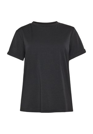 Prosty czarny T-shirt z krótkim rękawem, okrągłym dekoltem i lekko podwiniętymi mankietami, prezentowany na białym tle.
