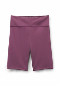 Pantaloni sportivi viola con vita alta, realizzati in materiale elastico, caratterizzati da una texture liscia e cuciture a punto.