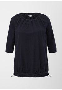 Camicia blu navy in cotone con scollatura arricciata, maniche 3/4 e cordino regolabile all'orlo per personalizzare la vestibilità.
