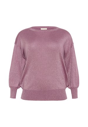 Pull en métal rose avec une coupe décontractée, un col rond et des manches bouffantes. Tissu texturé avec éclat et ourlet et poignets côtelés.