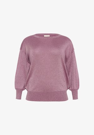 Ružičasti metalik pulover s opuštenim krojem, okruglim izrezom i napuhanim rukavima. Tekstura sjajnog materijala s rebrastim rubovima i manžetama.