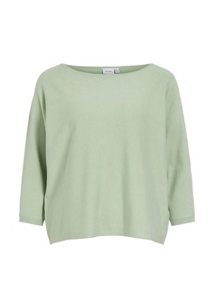 Pull ample à manches longues vert clair avec un col large et des poignets côtelés, présenté sur un fond blanc.