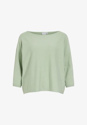 Jasnozielony, długi sweter z długim rękawem o luźnym kroju, z szerokim dekoltem i ściągaczami przy mankietach, prezentowany na białym tle.