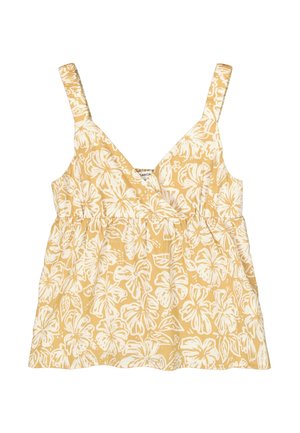 Top amarillo con diseño cruzado, con patrones de hibisco blancos, tirantes ajustables de espagueti y cintura fruncida.