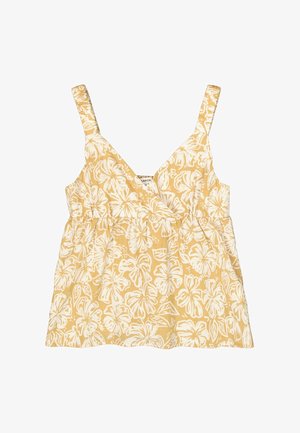 Top amarillo con diseño cruzado, con patrones de hibisco blancos, tirantes ajustables de espagueti y cintura fruncida.