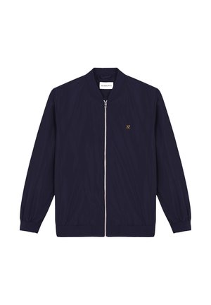 Marineblauer Bomberjacke mit durchgehendem Reißverschluss, gerippten Bündchen und Saum. Beinhaltet ein kleines goldenes Logo auf der linken Brust und hat eine glatte Textur.