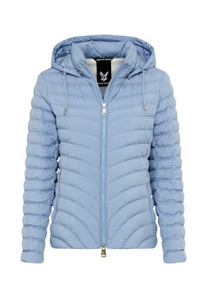 Light blue quilted jacket with hood, front zipper, and zippered side pockets, featuring horizontal and chevron stitching patterns.