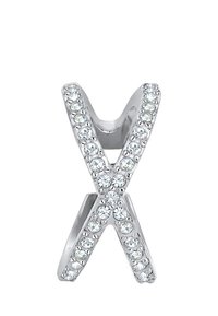 Pendentif en argent en forme de X avec des cristaux clairs étincelants incrustés le long des bras, présentant une finition métallique polie et des courbes lisses.