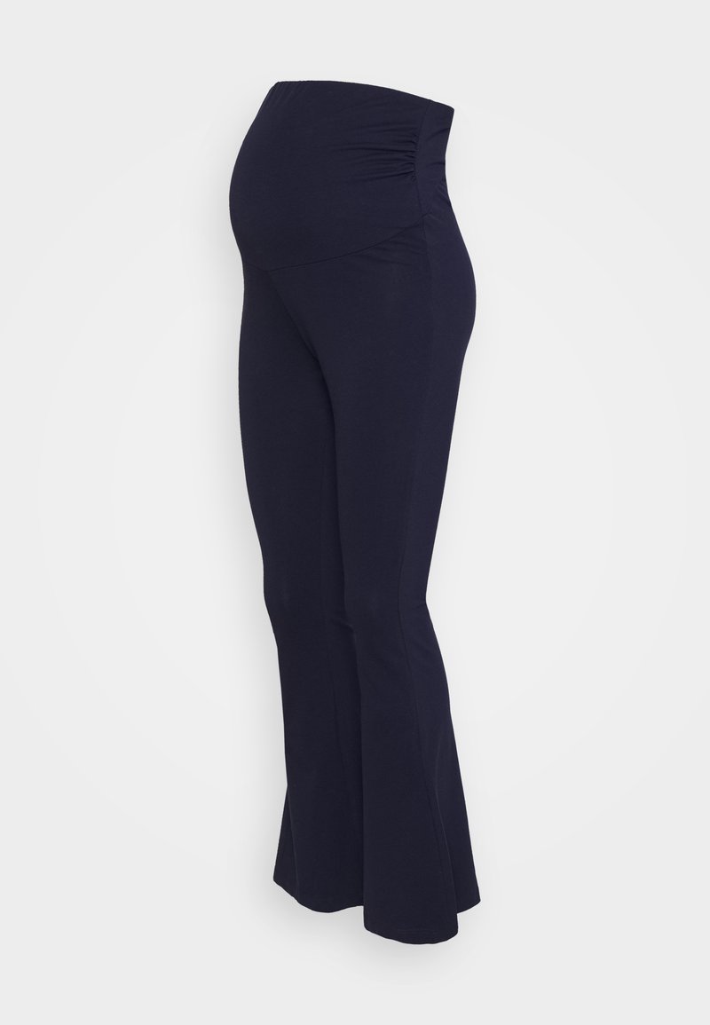 Calças de maternidade estilos flare em azul-marinho, feitas de tecido elástico. Apresentam um detalhe franzido na cintura para conforto e adaptabilidade.