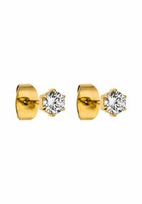 Gouden studs met ronde, heldere cubic zirconia stenen, gezet in een ontwerp met zes pootjes. Gladde textuur met een gepoleerde afwerking.