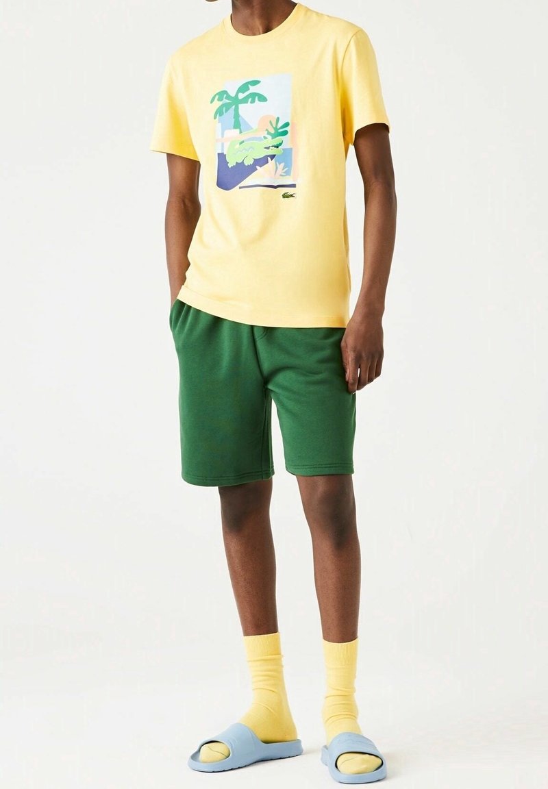 Personne portant un T-shirt graphique jaune, un short vert, des chaussettes jaunes et des sandales slides bleu clair sur fond blanc uni