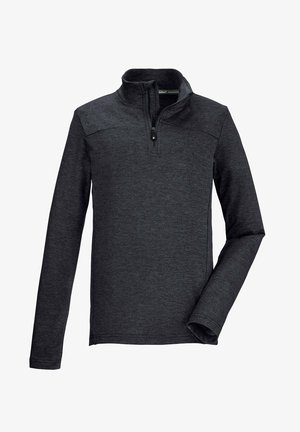 Dunkelgrauer, langärmeliger Pullover mit einem halben Reißverschluss und einem glatten Stoff sowie kontrastierenden Schulterpaneelen.