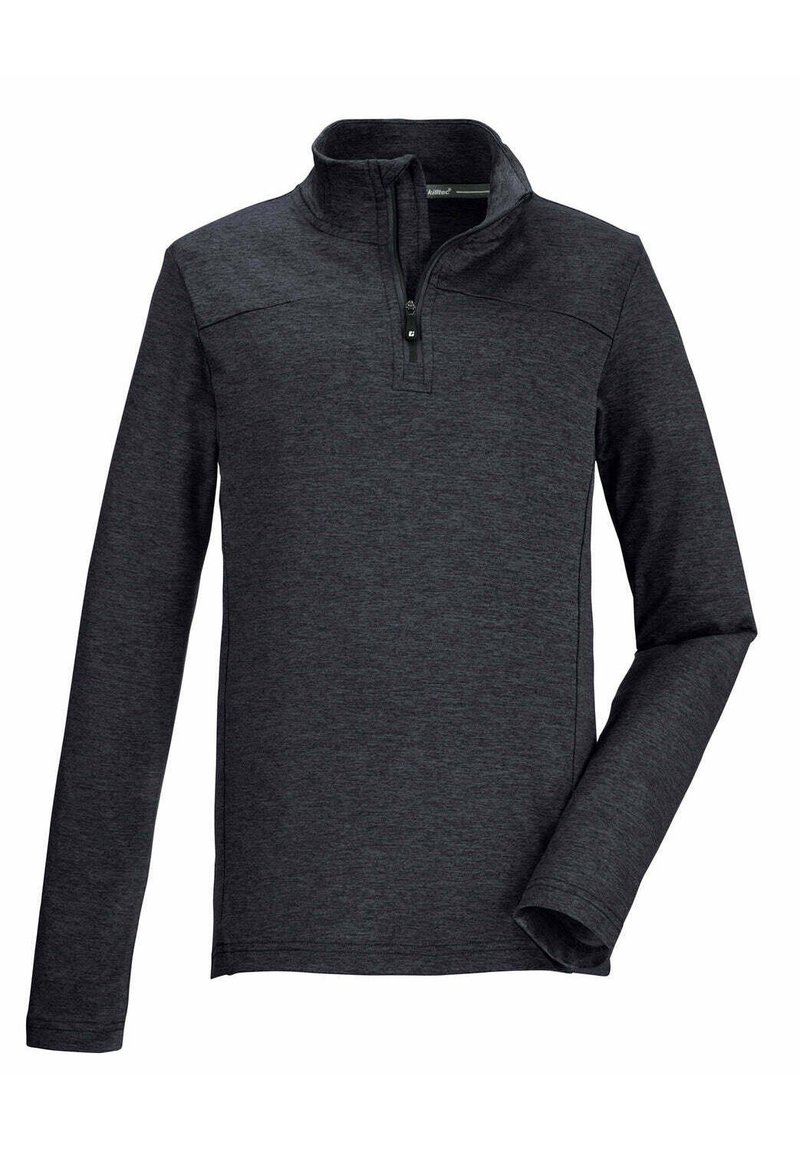 Dunkelgrauer, langärmeliger Pullover mit einem halben Reißverschluss und einem glatten Stoff sowie kontrastierenden Schulterpaneelen.