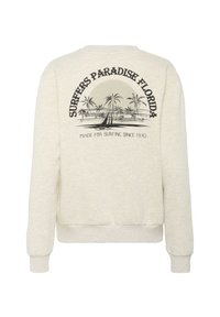 Svetlo béžová mikina s voľným strihom, ktorá zobrazuje grafiku paliem a lode, s textom „Surfers Paradise Florida.“