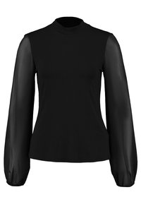 Svart topp med hög krage, solid svart överdel och långa genomskinliga ärmar. Ärmarna har en samlad manschett som ger volym till designen.