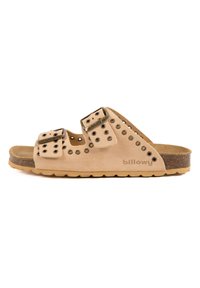 Sandales en suède beige avec deux sangles ajustables, dotées d'accents en métal ronds et d'une semelle intermédiaire en liège, montées sur une semelle extérieure en caoutchouc texturé.