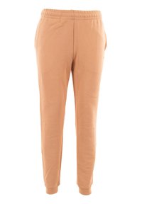 Pantalones jogger de color melocotón claro, fabricados en una suave mezcla de algodón. Cuentan con una cinturilla elástica y bolsillos laterales; diseño de pierna ajustada con puños de canalé.