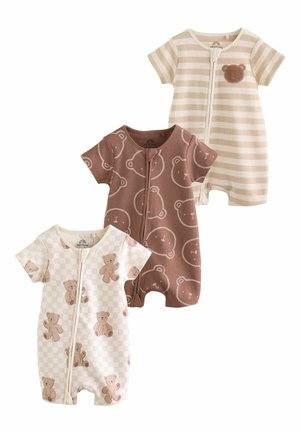 Drei kurzärmelige Baby-Strampler mit Frontreißverschlüssen, versehen mit beigen Streifen, braunen Bärengesichtern und karierten Teddybärmustern.