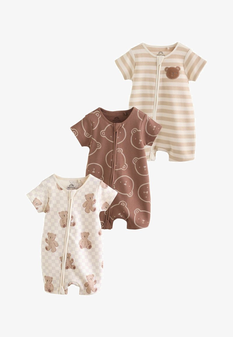 Trois grenouillères pour bébé à manches courtes avec fermetures éclair devant, présentant des rayures beige, des visages d'ours bruns et des motifs à carreaux d'ours en peluche.