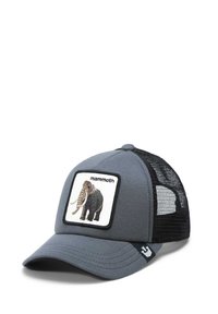 Cappello grigio con lati in rete, caratterizzato da una patch di un mammuth ricamata sul davanti. Visiera curvata, cinturino regolabile sul retro e dettagli neri.