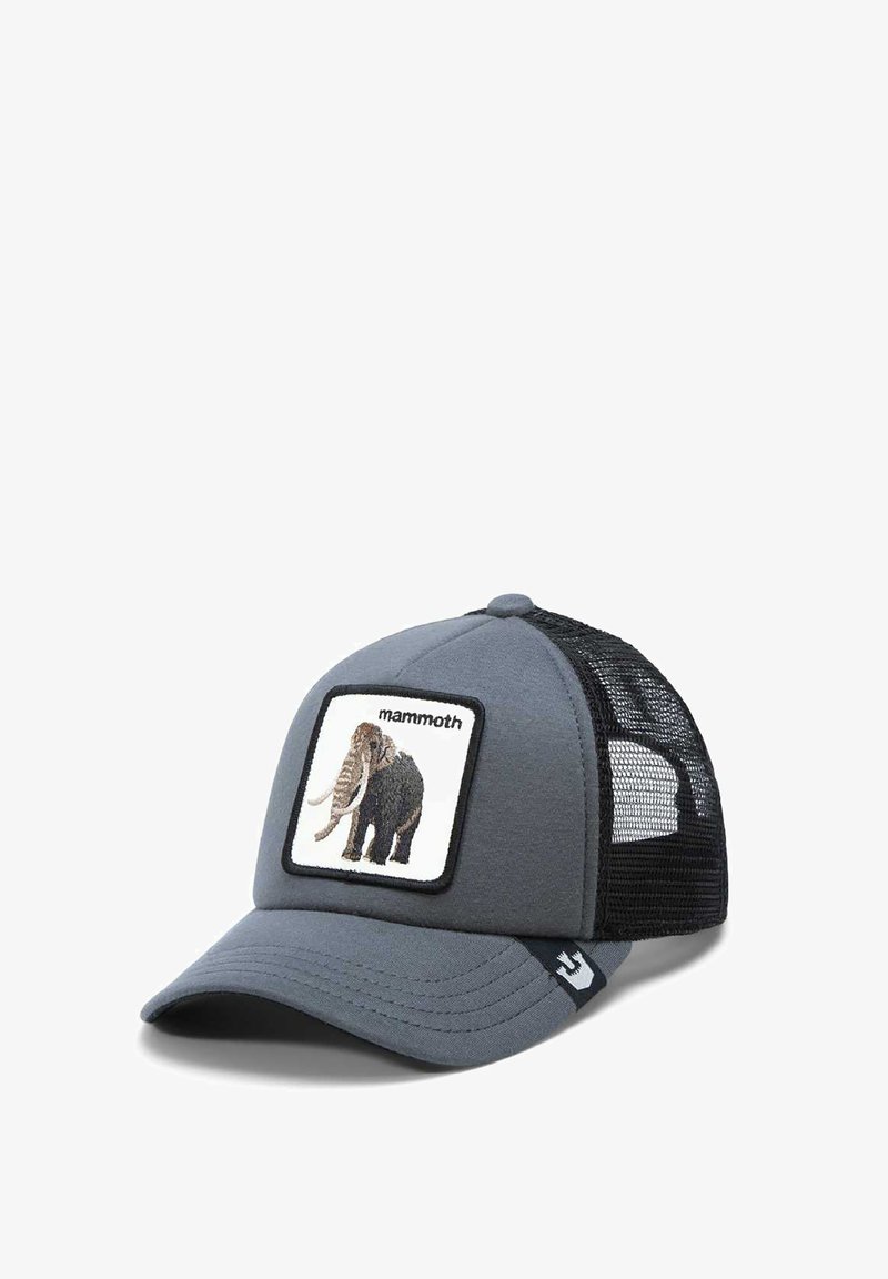 Gray cap with mesh sides, featuring an embroidered mammoth patch on the front. Curved visor, adjustable back strap, and black accents.