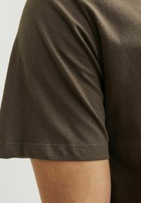 Camiseta de algodón marrón con un diseño de manga corta, textura suave y detalles de dobladillo doblemente cosido, que destaca su ajuste casual.