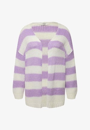 Langarm cardigan met open voorkant, met brede lavendel- en witte strepen, gebreide textuur en geribbelde manchetten en onderrand.