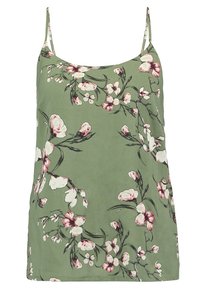Kwiatowy top na ramiączkach w oliwkowym odcieniu z różowymi i białymi motywami kwiatowymi, cienkimi ramiączkami i luźnym krojem.