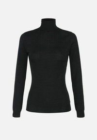 Maglione nero a collo alto aderente con maniche lunghe, con sottile motivo verticale a maglia, polsini e orlo a coste, mostrato su uno sfondo semplice.