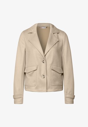 Giacca blazer beige realizzata in tessuto testurizzato, caratterizzata da un colletto a risvolto, due tasche frontali e chiusura a bottone con una vestibilità su misura.