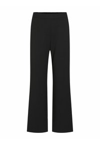 Črne široke hlače z udobnim elastičnim pasom in gladkim teksturo. Preprost dizajn brez dodatnih vzorcev ali akcentov.