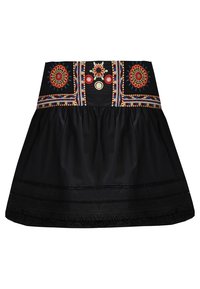 Jupe noire avec large ceinture brodée ornée de motifs floraux et géométriques colorés en rouge, bleu et beige.