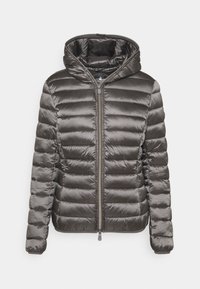 Gray padded jacket with a hood, featuring a zip front, horizontal quilted design, and shiny fabric texture.