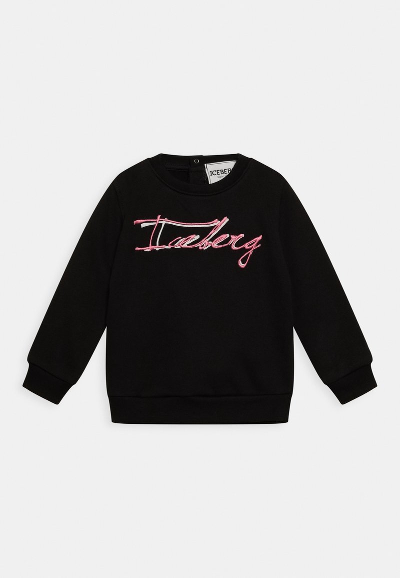 Sweat-shirt noir à manches longues avec logo "Iceberg" rose en écriture cursive brodé sur le devant et poignets et ourlet côtelés, présenté sur fond blanc.