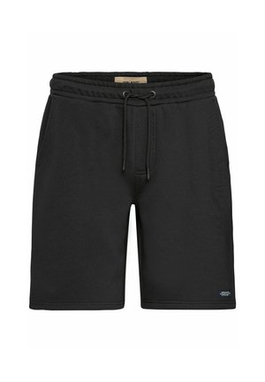 Pantaloni corti neri in sudore con elastico in vita e coulisse, tasche laterali e un piccolo logo accennato sull'orlo inferiore. Materiale morbido in misto cotone.