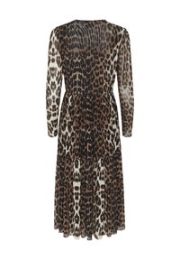 Maxi šaty s leopardím vzorom, dlhými rukávmi, vrstveným dizajnom, v čiernej a hnedej farbe, vyrobené z ľahkej, priesvitnej tkaniny.