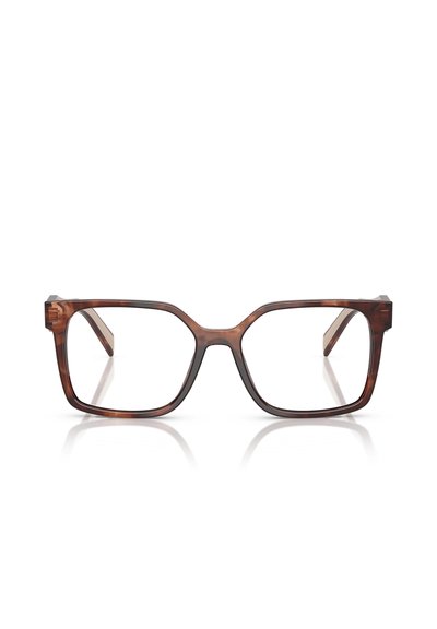 Occhiali da vista in tartaruga marrone con forma rettangolare, montature spesse e dettagli geometrici sottili sulle aste. Lenti trasparenti.