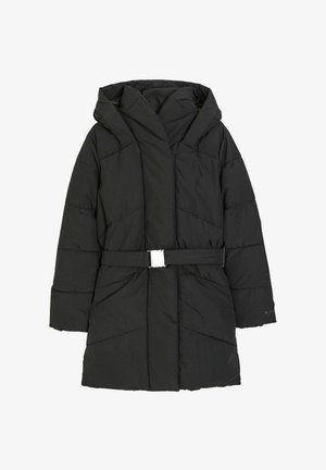 Czarna puchowa kurtka z kapturem, paskiem z sukienką w kolorze srebrnym oraz diagonalnym pikowaniem. Widać dwie przednie kieszenie.