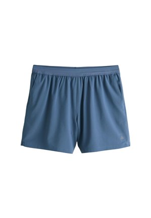 Pantalones cortos deportivos azules con cintura elástica y bolsillos laterales, con un pequeño logo de triángulo en la pierna izquierda.
