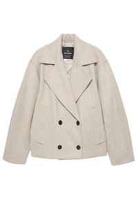 Beżowy wełniany płaszcz dwurzędowy z szerokimi klapami, dwoma rzędami czarnych guzików i przednimi kieszeniami z rozcięciami, rozłożony płasko na białym tle.