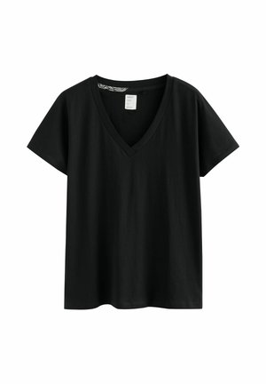 Schwarzes kurzärmeliges V-Ausschnitt-T-Shirt aus Baumwolle. Einfaches, gerade geschnittenes Design mit weicher Textur und minimaler Gestaltung.