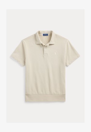 Béžová krátkemu rukávu Polo Ralph Lauren košeľa s golierom, zapínaním na dva gombíky a malým vyšitým logom na ľavej strane hrude.