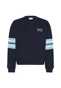 Felpa blu navy in cotone, con collo girocollo, maniche lunghe con strisce azzurre chiare e un piccolo logo ricamato sul petto.