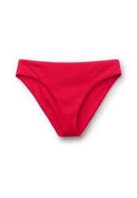Bas de bikini rouge en tissu texturé, design taille basse et bords lisses. Coupe classique avec une couverture minimale. Convient pour une utilisation en maillot de bain.