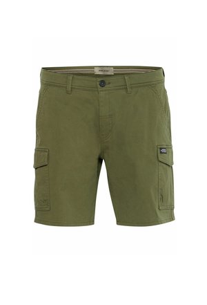 Zielone szorty cargo wykonane z mieszanki bawełny, z przednimi kieszeniami i boczną kieszenią cargo, z zapięciem na guziki i paskiem.