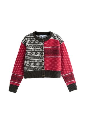 Gebreid vest met een mix van rode en grijze panelen, geometrische patronen, ronde hals en knoopsluiting aan de voorkant. Dikke geribbelde onderzoom.