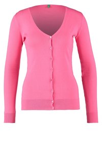 Fitted pink cardigan with a V-neck, long sleeves, and button closure down the front. Made of a smooth knit fabric with ribbed cuffs.