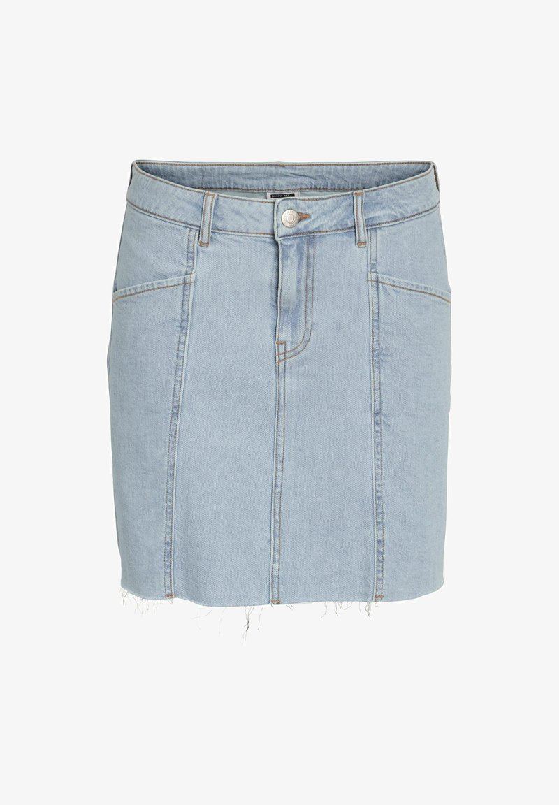 Light blue denim skirt with frayed hem, featuring front pockets, a button closure, and visible stitching detail.
